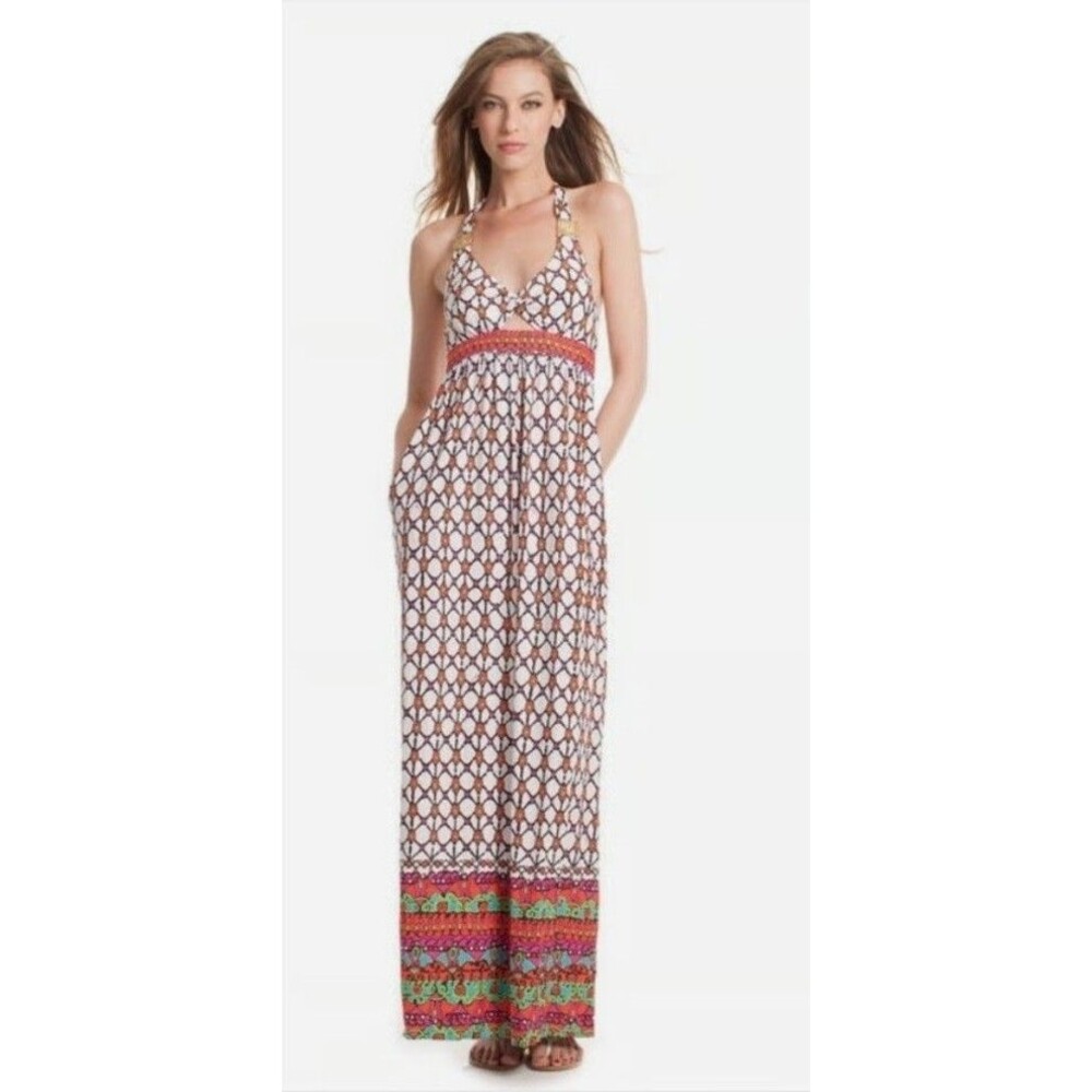 Trina Turk Maxi Dress Medium Halter  Geometric Print Bohemian Boho Multicolor